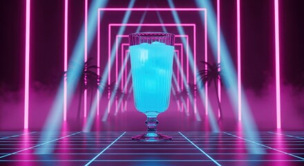 glowing blue cocktail in retro glass on digital grid. background is synthwave tunnel with pink neon lights and volumetric light. 80s party concept.