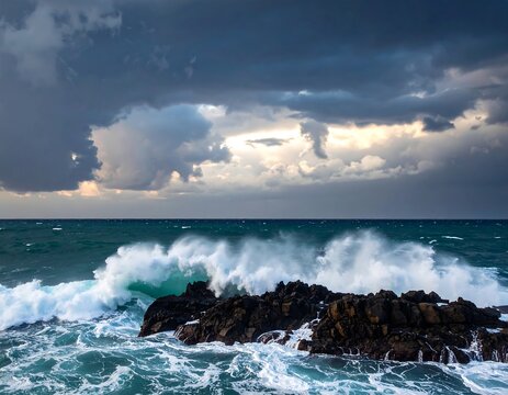 Dramatic ocean waves crash against jagged rocks under stormy sky