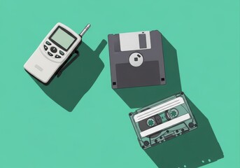 collection of 90s retro technology. pager, floppy disk, and cassette tape in flat lay on mint green background. nostalgia concept. web banner, blog post.