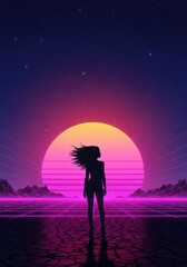 woman's silhouette with windblown hair against glowing retrowave sun. 80s inspired futuristic landscape with neon grid and starry sky. nostalgia concept. poster, cover, background.