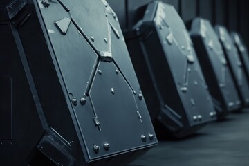 Black tactical shields lined up in a modern security facility
