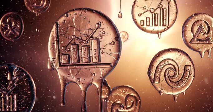 Abstract representation of data trends with dripping effects and symbols