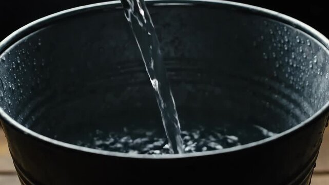 Clear water pouring into a dark metal bucket filling up.