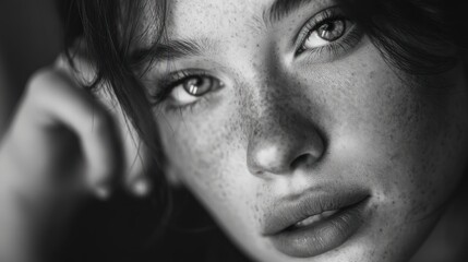 Fototapeta premium Close-up grayscale portrait of a woman with freckles