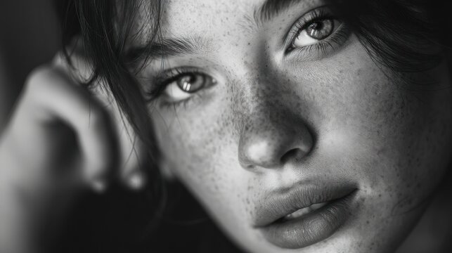 Close-up grayscale portrait of a woman with freckles
