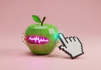 pixelated cursor interacts with glitching low-poly apple, revealing glowing waveform. digital technology and vaporwave concept. web design, presentation, banner.