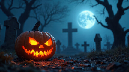Fototapeta premium Scary jack o lantern pumpkin with an evil face in spooky cemetery at night for creepy halloween celebration