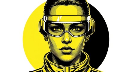 pop art portrait of androgynous person in futuristic visor. striking yellow and black duotone illustration. technology, virtual reality, and modern identity concept. graphic design, poster, avatar.