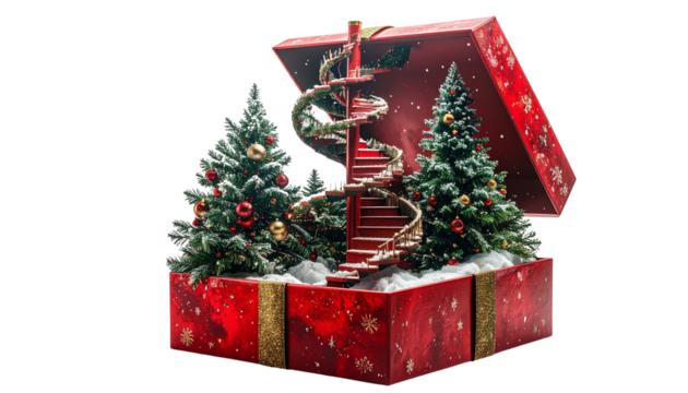 Surreal Christmas present with an endless spiral staircase emerging from inside, isolated on transparent background, dreamlike festive symbolism. - Powered by Adobe