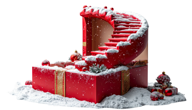 Surreal Christmas present with an endless spiral staircase emerging from inside, isolated on transparent background, dreamlike festive symbolism, PNG