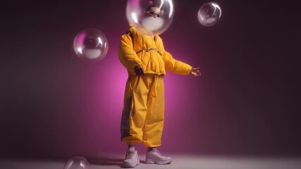 A stylish model showcasing a vibrant yellow puffer jacket and matching pants, surrounded by ethereal bubbles, highlighting contemporary fashion trends and modern urban aesthetics in a captivating - Powered by Adobe