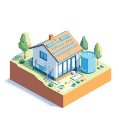 Isometric Vector Illustration of a Sustainable Home with Rainwater Harvesting System