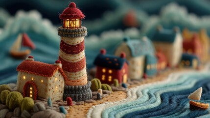 Naklejka premium A charming miniature lighthouse scene with small houses nestled nearby and a tiny sailboat on the waves. The buildings, lighthouse, and ocean are all meticulously crafted.