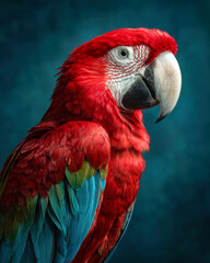 Fototapeta premium Vibrant Red Parrot Perched Against a Dark Backdrop