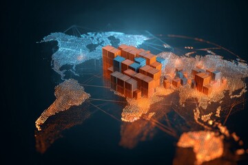 Global trade network visualized with colorful shipping containers overlaid on a world map representation