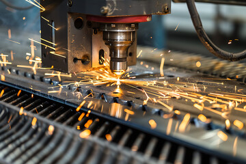 レーザー加工機で金属板を切断する工場内の作業工程