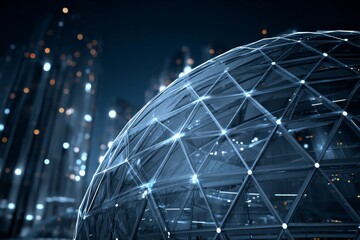 Fototapeta premium Intricate geometric dome illuminated at night with city skyline in the background showcasing modern architecture and design