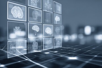 Virtual data representation showcasing brain imagery and neural networks in a futuristic urban environment