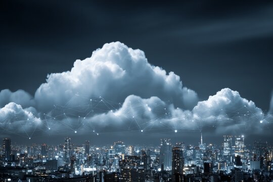 Nighttime cityscape features illuminated buildings under a dramatic cloud formation with connected elements in a digital network