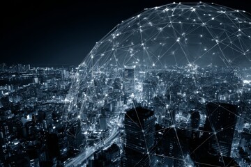 Modern city skyline illuminated at night showcasing network connections and technology advancements in urban architecture