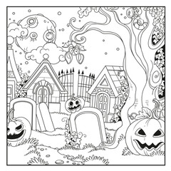 Halloween background cemetery and crypts with pumpkins outlined for coloring page