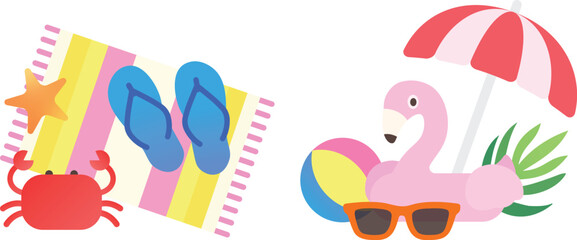 Summer beach leisure items and seaside landscape simple illustration set