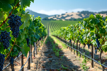 青空の下に広がるブドウ畑とぶどうの房のクローズアップ