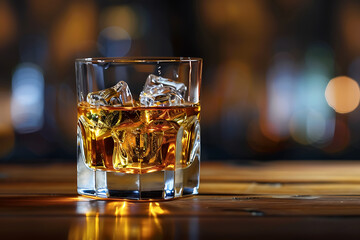 氷と琥珀色のウイスキーが輝くグラス