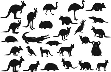 Australian wildlife silhouettes, kangaroo, emu, koala, wombat, platypus, crocodile, dingo, bird species, native animals, black vector icons, isolated set
