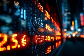 Obraz premium Nighttime view of a digital stock market display in a bustling city