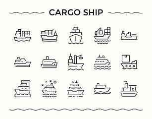 Cargo Ship icon set. Minimalist linear icons. Contains outline symbols like automobile, transport, vehicle, car, logistic. Pixel perfect. Editable vector. Shipping icon set.