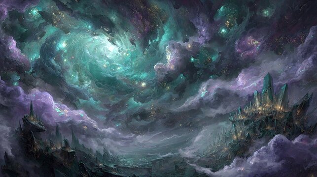 Mystical Pixelated Cityscape In Starry Galaxy