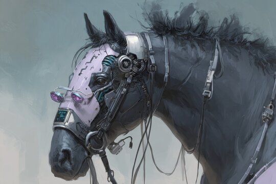 Futuristic robotic horse with intricate cybernetic enhancements and a sleek design in a tech-inspired landscape