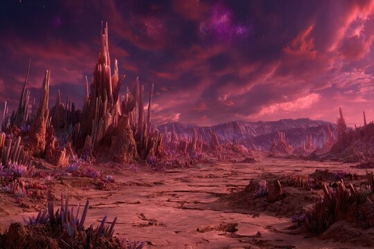 Pink Alien Cityscape At Sunset - Powered by Adobe