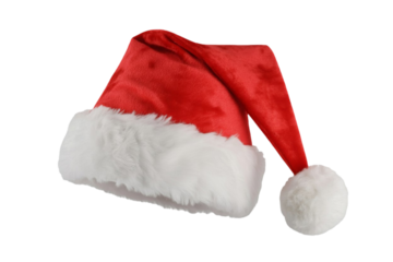 Classic red and white santa claus hat with fluffy trim and pom pom isolated on transparent background