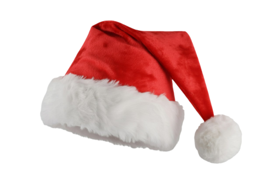 Classic red and white santa claus hat with fluffy trim and pom pom isolated on transparent background