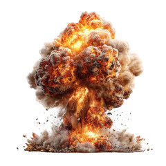 Massive fiery mushroom cloud explosion with smoke and debris isolated on transparent background