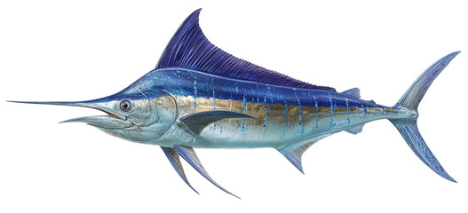 Majestic blue marlin fish illustration swimming in the ocean with detailed fins and scales isolated on transparent background