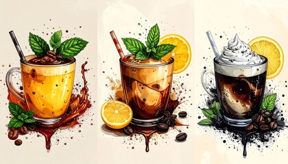 Artistic Illustration of Refreshing Drinks with Citrus and Mint Garnish