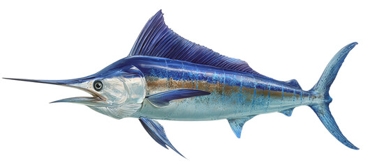Majestic blue marlin fish swimming in ocean water with sharp bill and fins isolated on transparent background