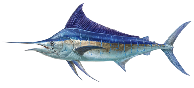Majestic blue marlin fish illustration swimming in the ocean with detailed fins and scales isolated on transparent background