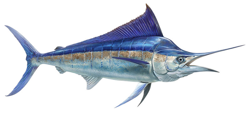 Majestic blue marlin fish with distinctive bill and dorsal fin isolated on transparent background