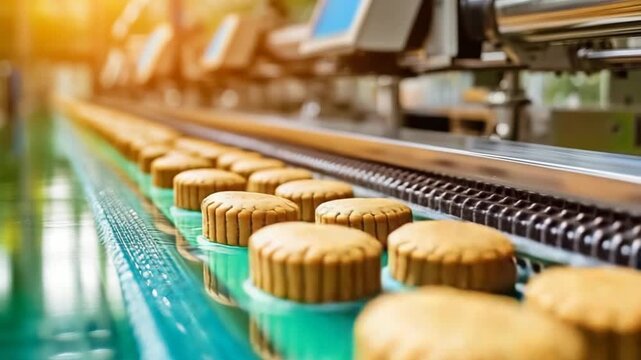 selective focus industrial cookie baking and packaging line