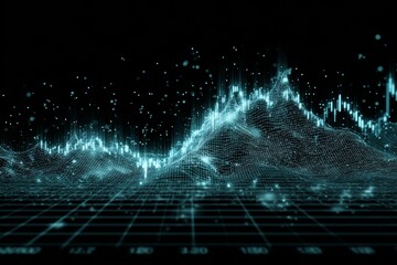 Digital representation of data trends visualized through a glowing network at nighttime in a technological environment