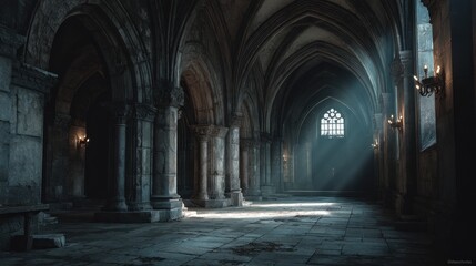 Obraz premium Mysterious Interior of Gothic Hall with Arches and Sunlight Streaming Through Window