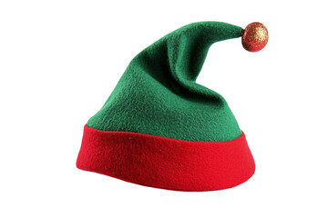 A festive green and red elf hat with a golden bell on the tip isolated on transparent background