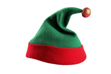 A festive green and red elf hat with a golden bell on the tip isolated on transparent background