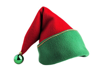 A festive red and green elf hat with a shiny gold bell attached to the tip isolated on transparent background