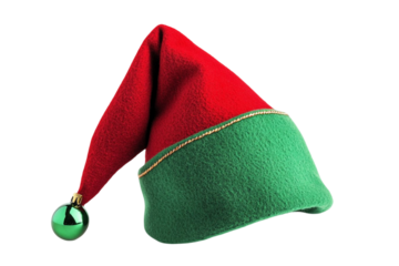 A festive red and green elf hat with a shiny gold bell attached to the tip isolated on transparent background