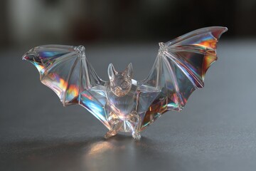 Crystal bat sculpture reflecting rainbow colors in a close-up view on a gray surface